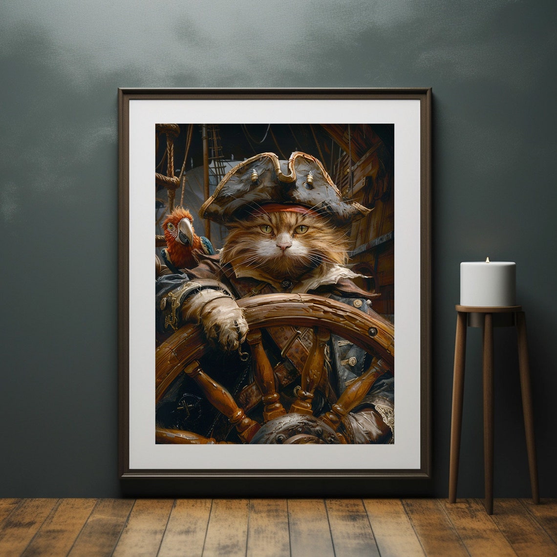 Cat Pirate Captain With Parrot Ship Wheel Fun Nautical Art Poster - Image 6