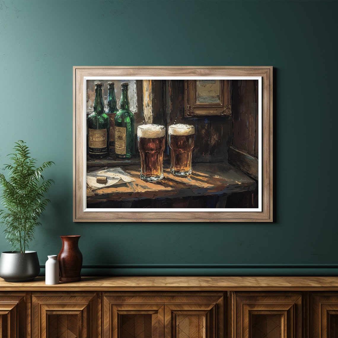 Two Beer Pints And Bottles Old Irish Pub Scene Oil Painting Poster - Image 6