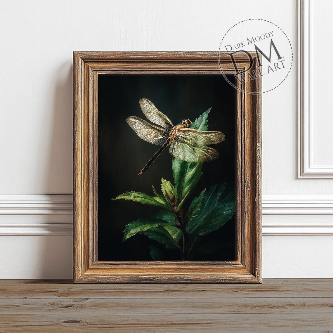 Golden Dragonfly Resting On Green Leaf Dark Botanical Poster