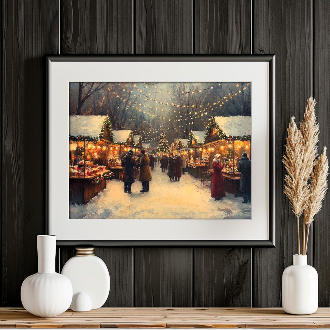 Christmas Market Stalls String Lights Crowds Vintage Painting Poster - Image 4