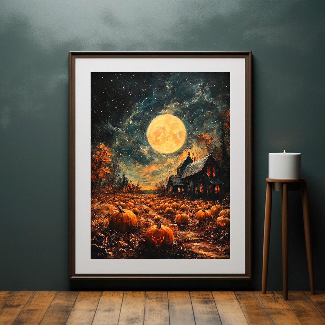 Haunted Pumpkin Patch Under Full Moon Spooky Night Scene Halloween Poster - Image 4