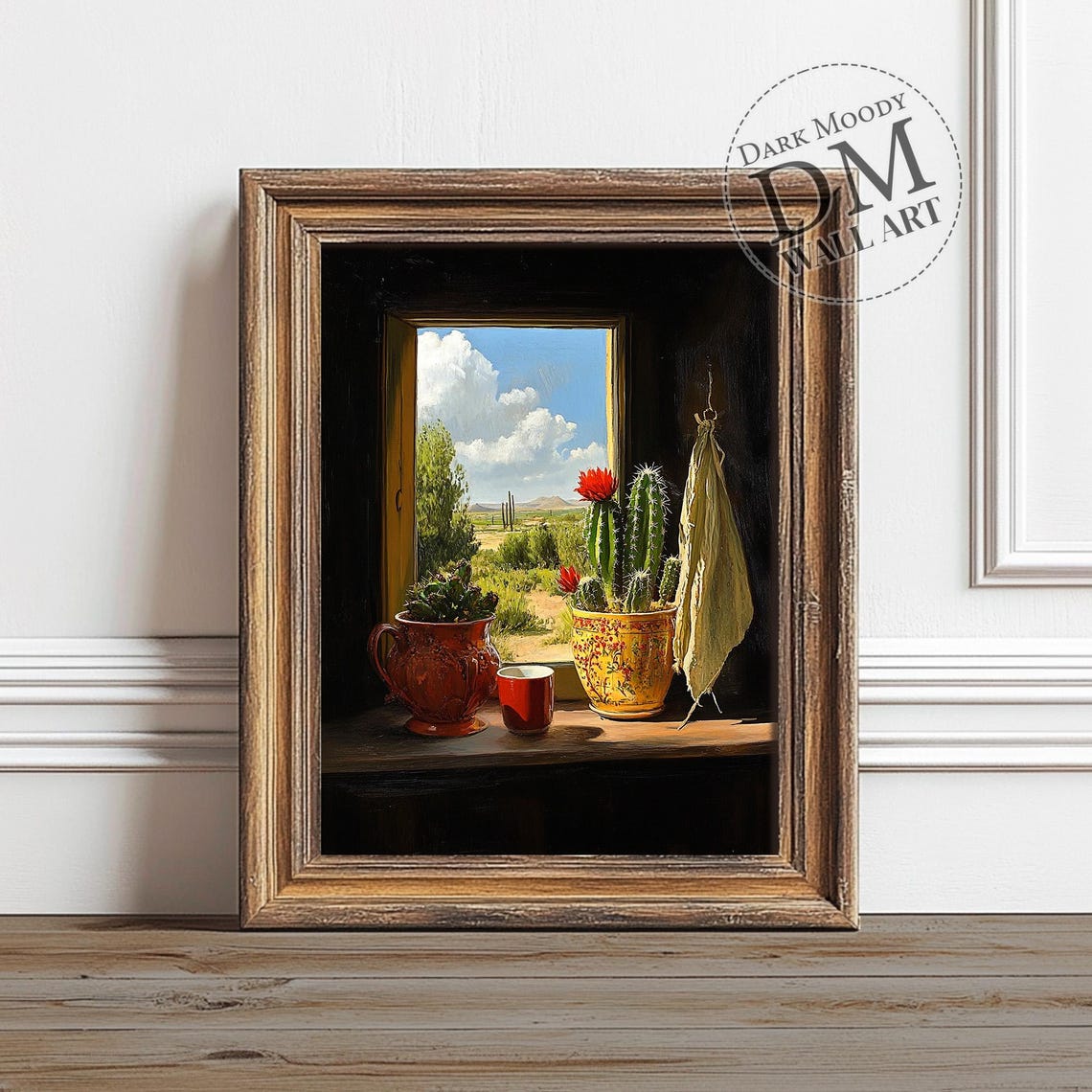 Desert Window View Cactus In Pots Blooming Flowers Rustic Poster
