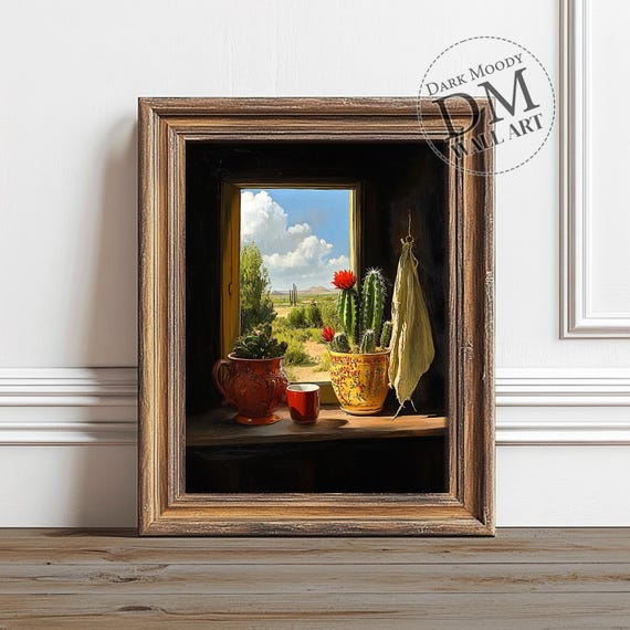 Mexican Cactus Window Wall Art Rustic Southwestern Still Life Print