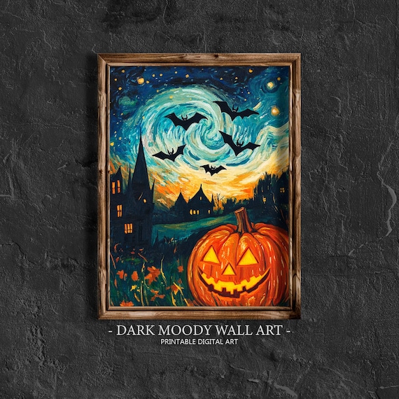 Jack-o-Lantern With Bats Under Swirling Starry Night Gothic Spooky Poster