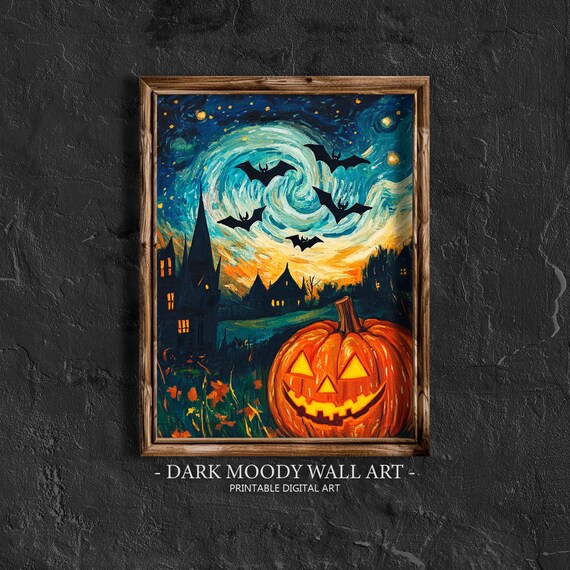 Starry Night Pumpkin Print Vintage Halloween Print Dark Academia Decor Gothic Cottagecore Print Halloween Prints