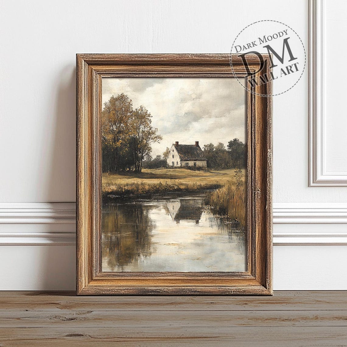 Country Farmhouse by Calm Autumn River Rustic Landscape Poster