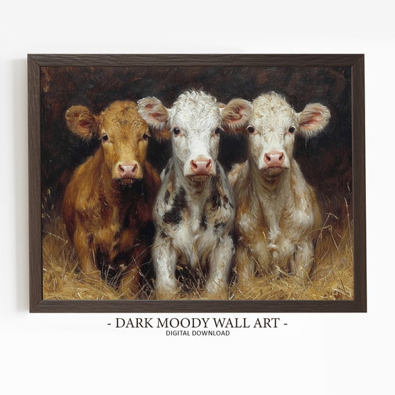 Vintage Cow Painting Dark Moody Cow Print Rustic Farmhouse Home Decor