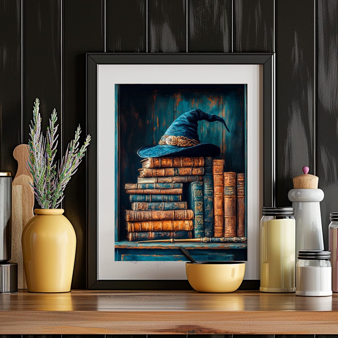 Blue Wizard Hat Magic Wand Stacked Vintage Books Teal Wall Poster - Image 4
