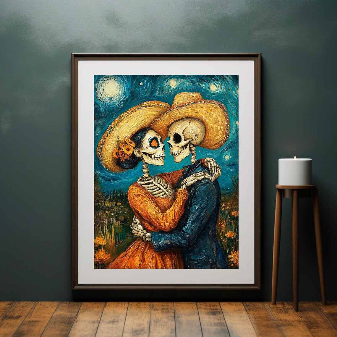 Day of the Dead Skeleton Couple Starry Night Embrace Sugar Skull Portrait Poster - Image 2
