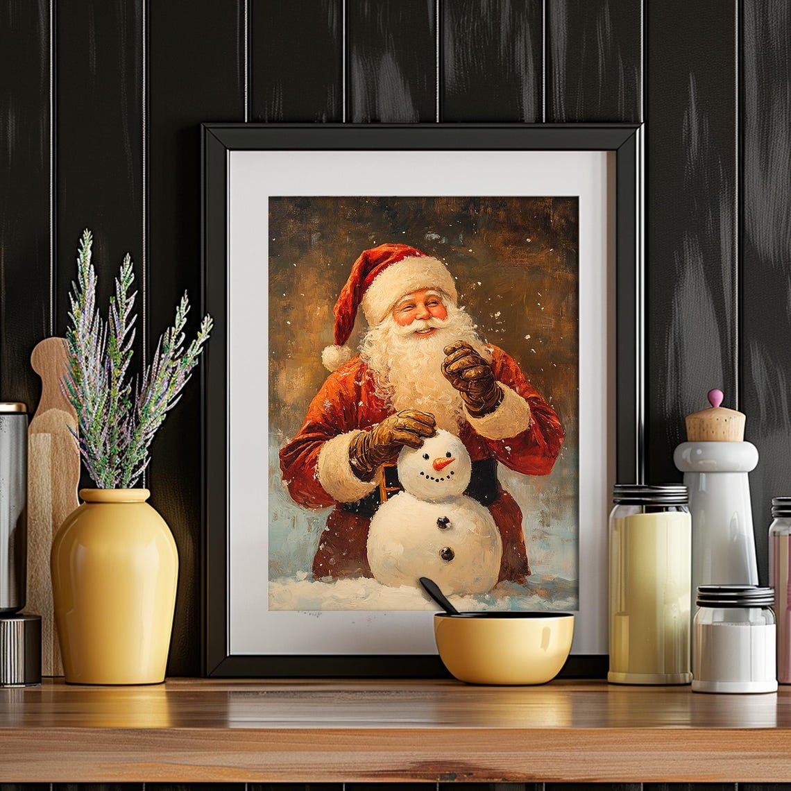 Santa Claus Building Snowman Snow Night Christmas Art Poster - Image 4