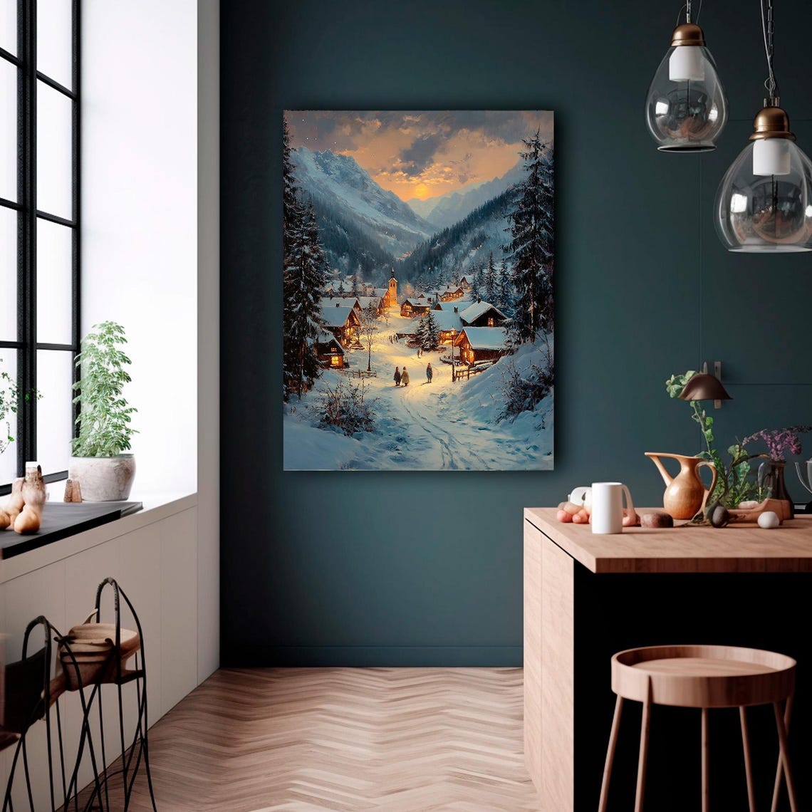 Golden Sunset Over Snowy Mountain Village Winter Evening Wall Art - Image 4