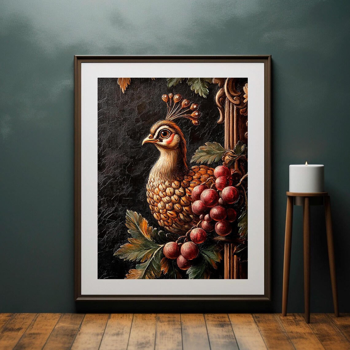 Vintage Peacock Autumn Grapes Dark Ornamental Bird Portrait Poster - Image 4