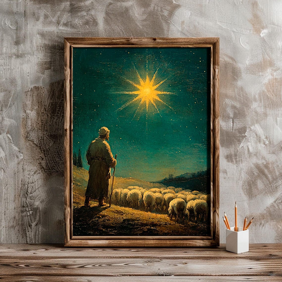 Shepherd And Flock Under Bright Christmas Star Night Sky Wall Art - Image 5