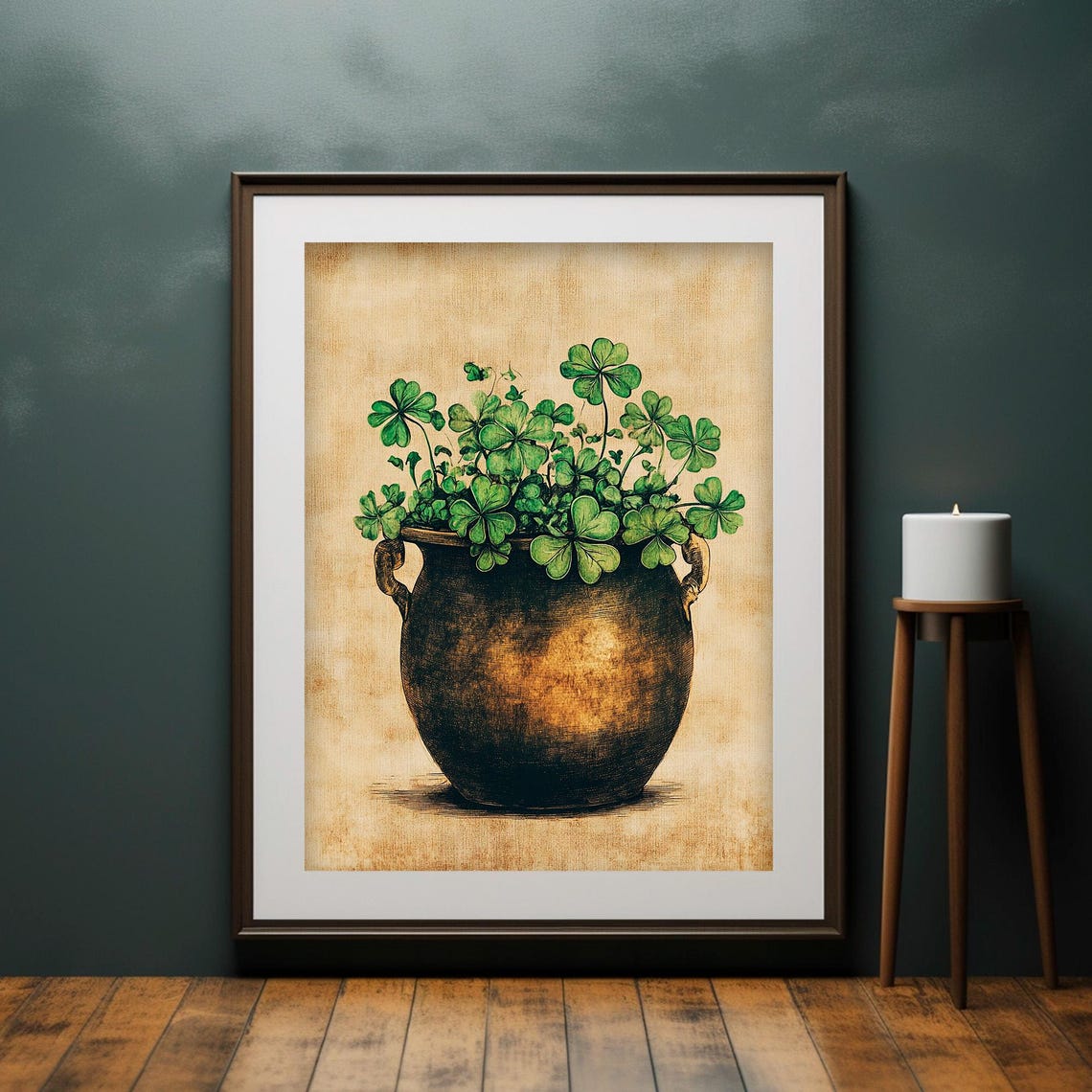 Shamrocks In Dark Urn Pot Vintage Irish Good Luck Clover Wall Art - Image 4