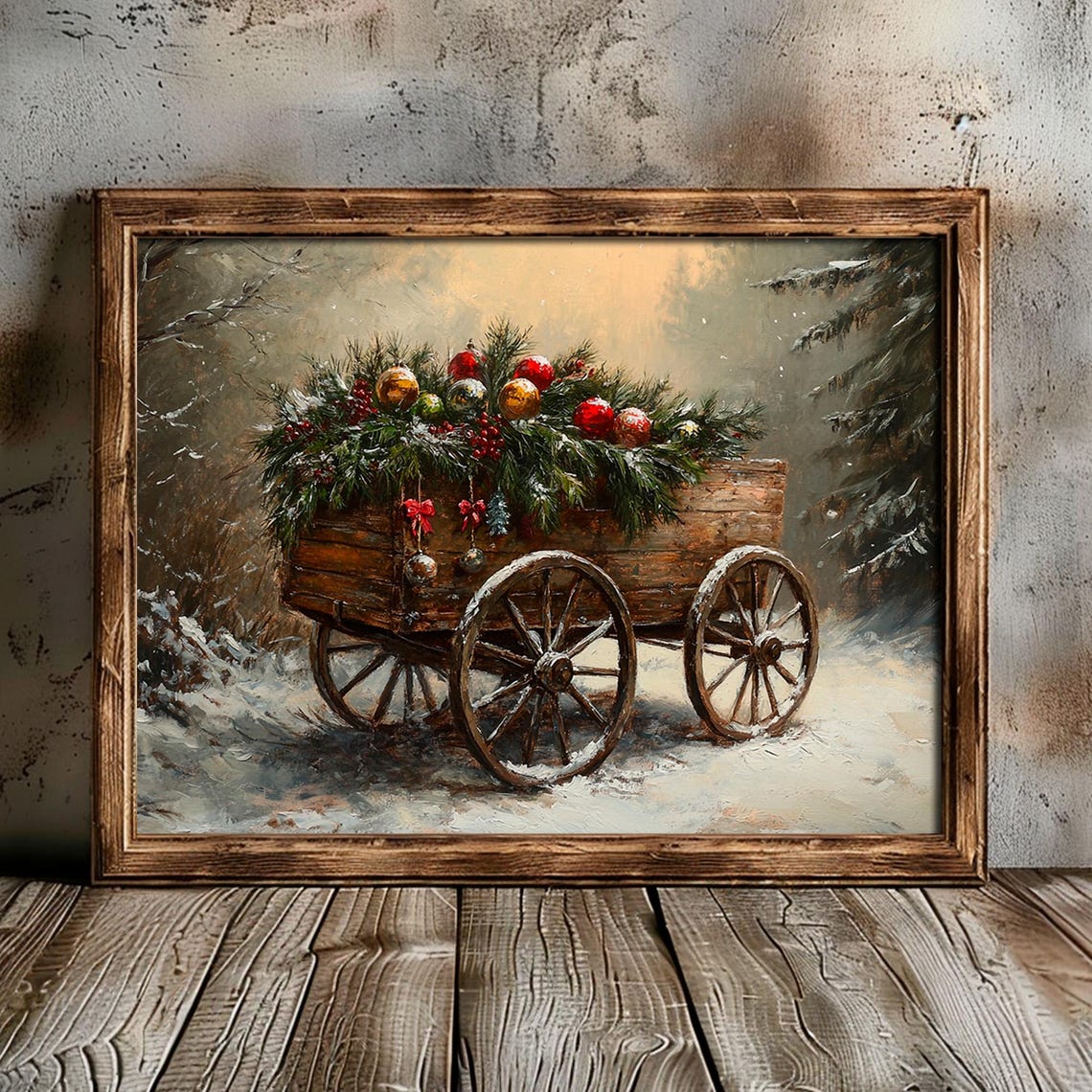 Wooden Wagon Loaded With Christmas Greenery and Ornaments Wall Art - Image 4
