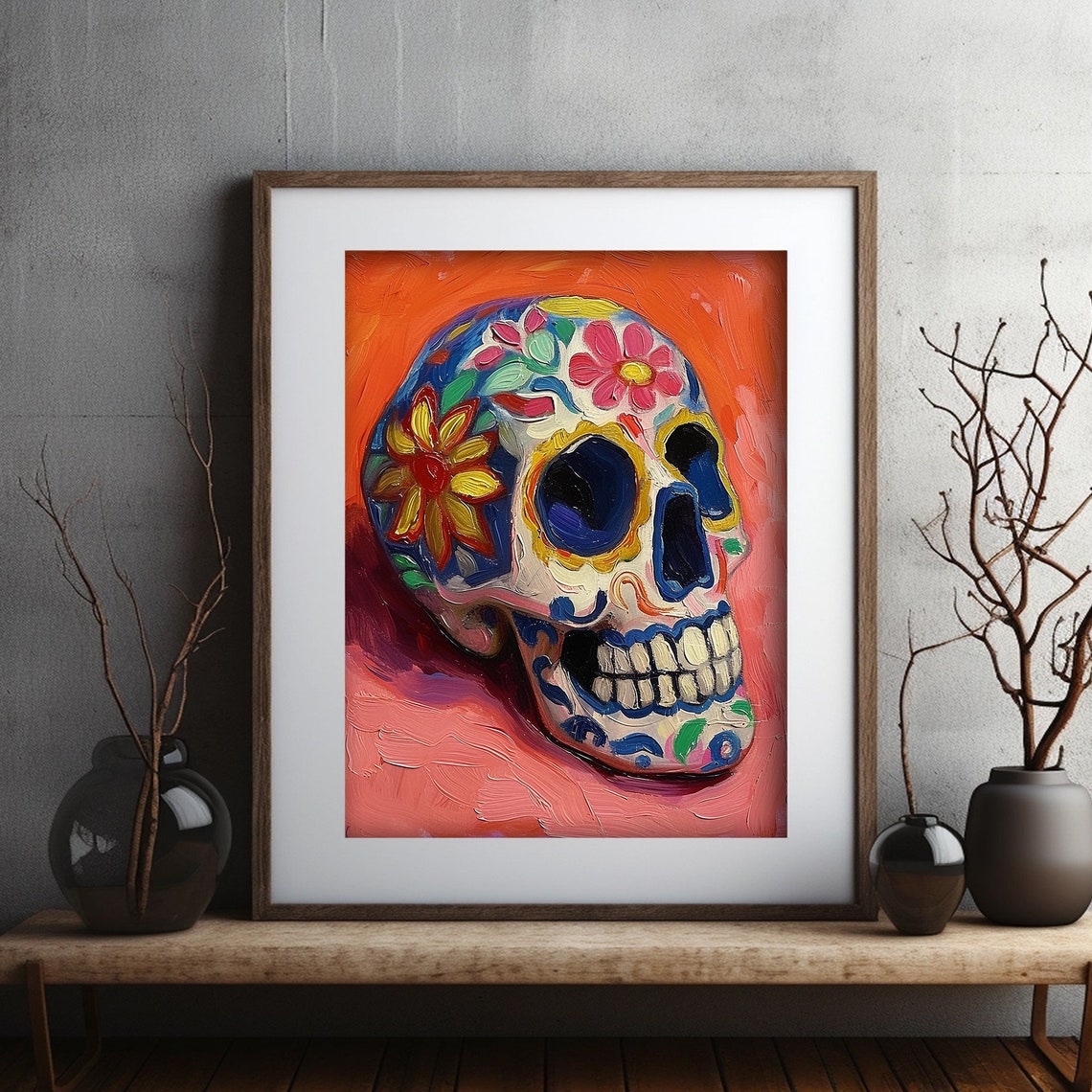 Sugar Skull Print Dia De Los Muertos Mexican Colorful Painting Wall Art Matisse Style - Image 2