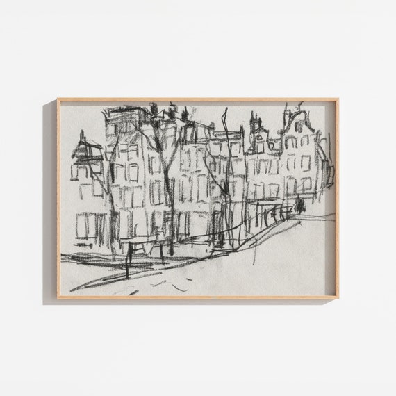 Vintage Black Charcoal City Landscape Art Print