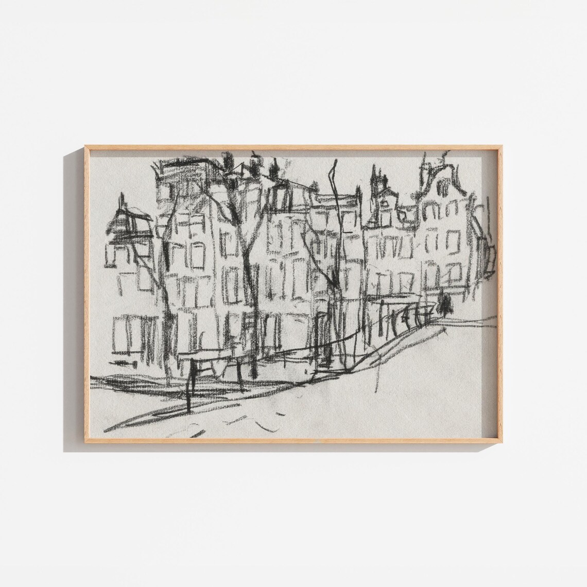 Vintage Black Charcoal City Landscape Art Print