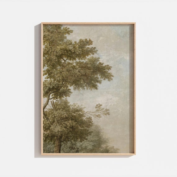 Vintage Forest Tree Painting Antique Green Meadow Wall Art Rustic Tree Wall Decor Green Landscape Country Farmhouse