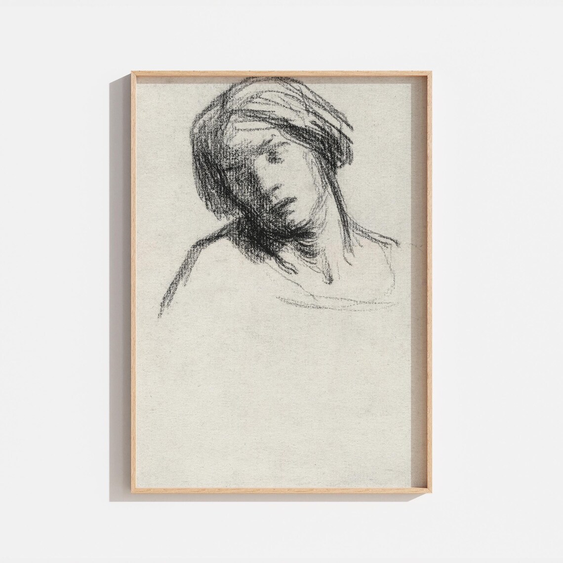 Vintage Black White Sketch Woman Head Drawing Antique Portrait Wall Art