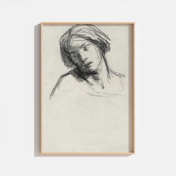 Vintage Black White Sketch Woman Head Drawing Antique Portrait Wall Art