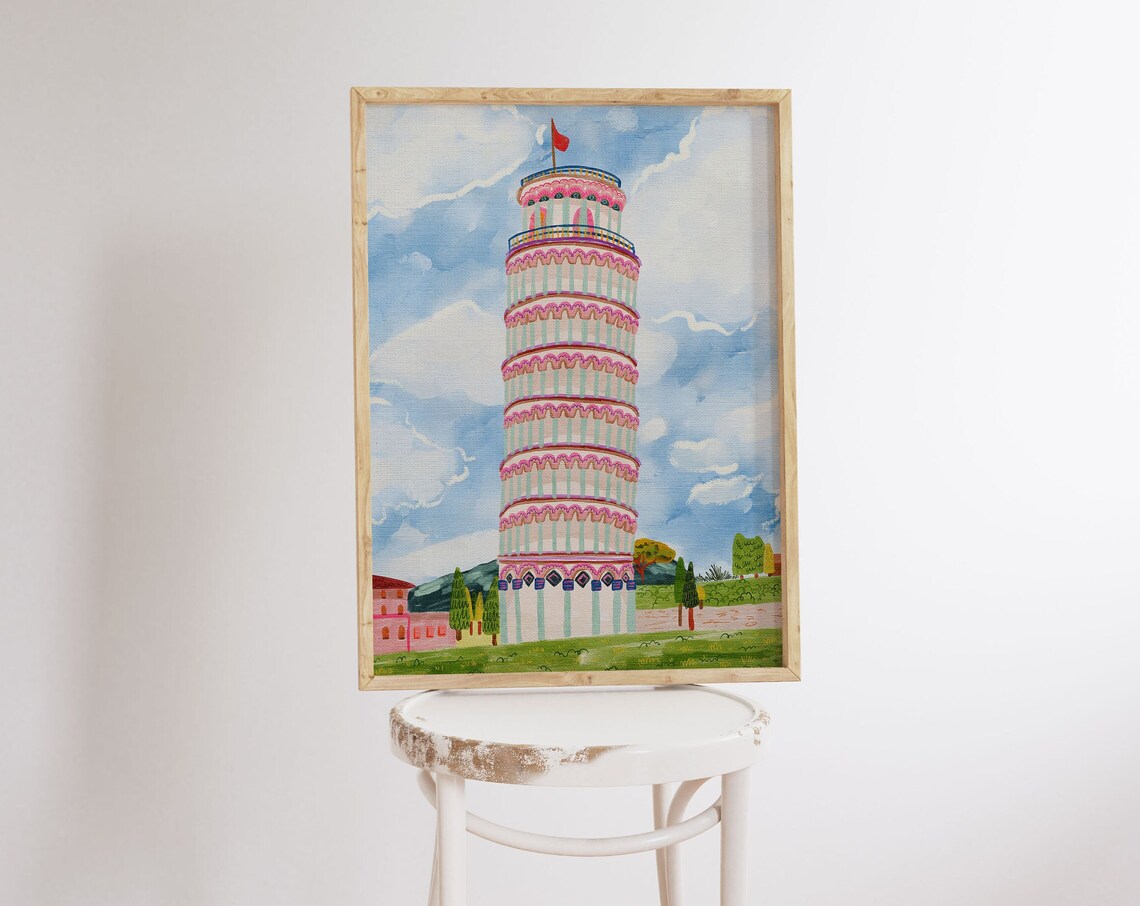 Whimsical Leaning Tower Of Pisa Pastel Gouache Italy Landmark Poster