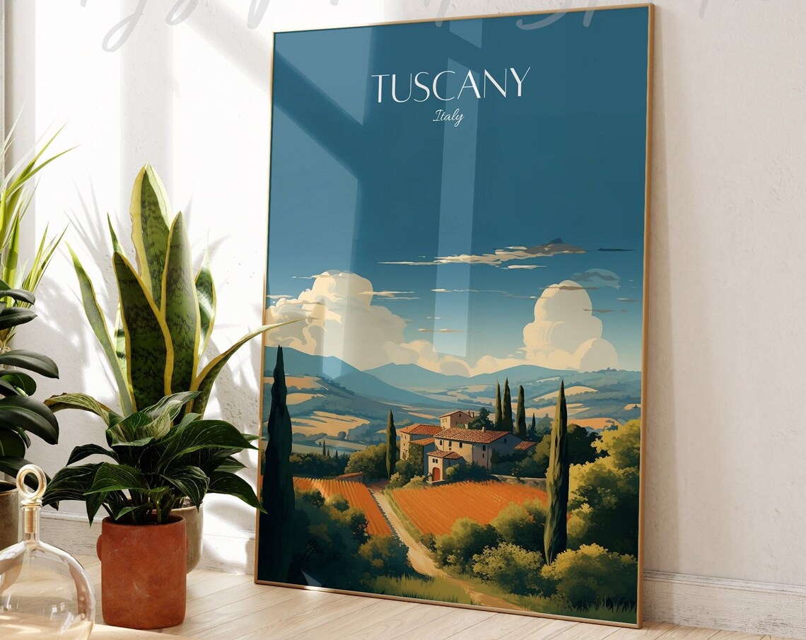 Tuscany Italy Vintage Travel Poster Vineyards Cypress Teal Sky