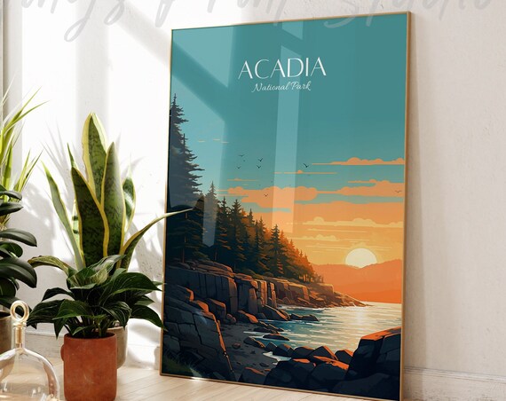Acadia National Park Rocky Coast Pine Sunset Vintage Travel Poster