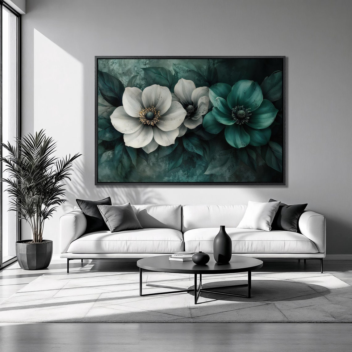 White And Teal Anemone Flowers Dark Green Moody Botanical Poster