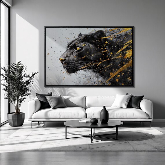 Black Panther Profile Gold Splashes Abstract Big Cat Panoramic Poster