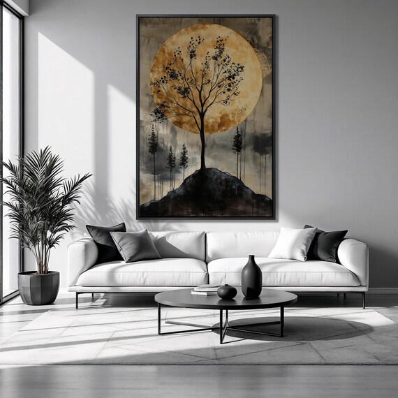 Enchanted Black Tree Framed Print Golden Moonlit Luxury Art Mystical Nature Painting Print Minimalist Decor Ready To Hang