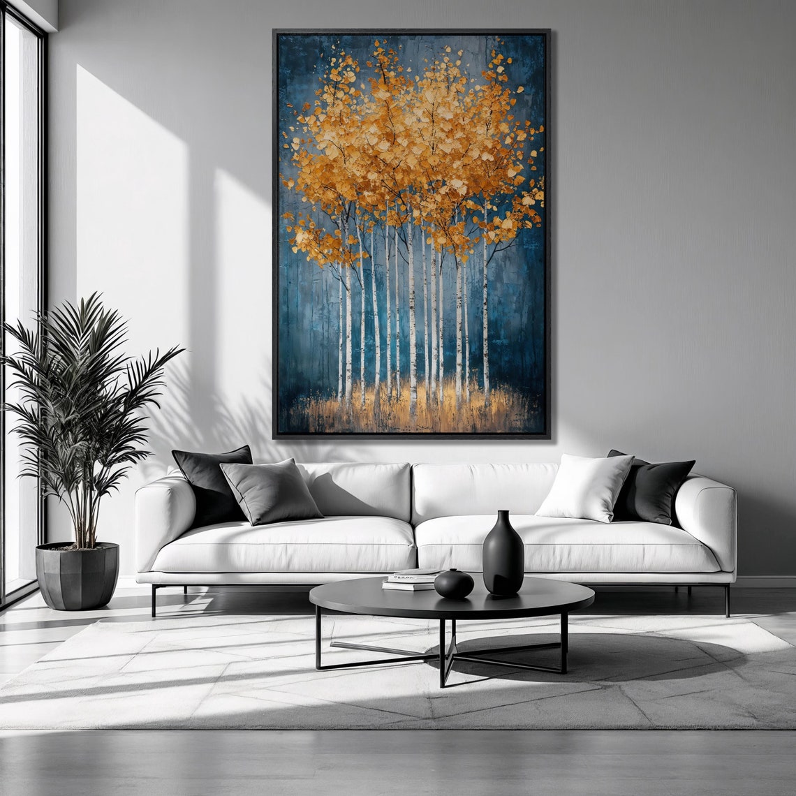 Golden Birch Trees Blue Twilight Abstract Vertical Forest Poster