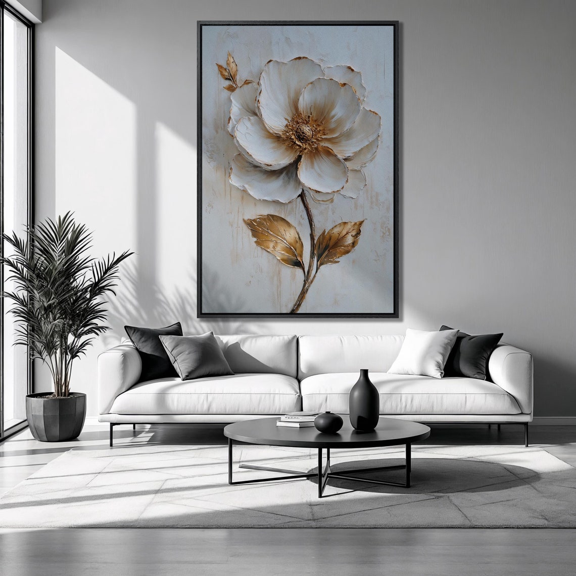 Tall White Flower Gold Leaves Minimalist Elegant Botanical Poster