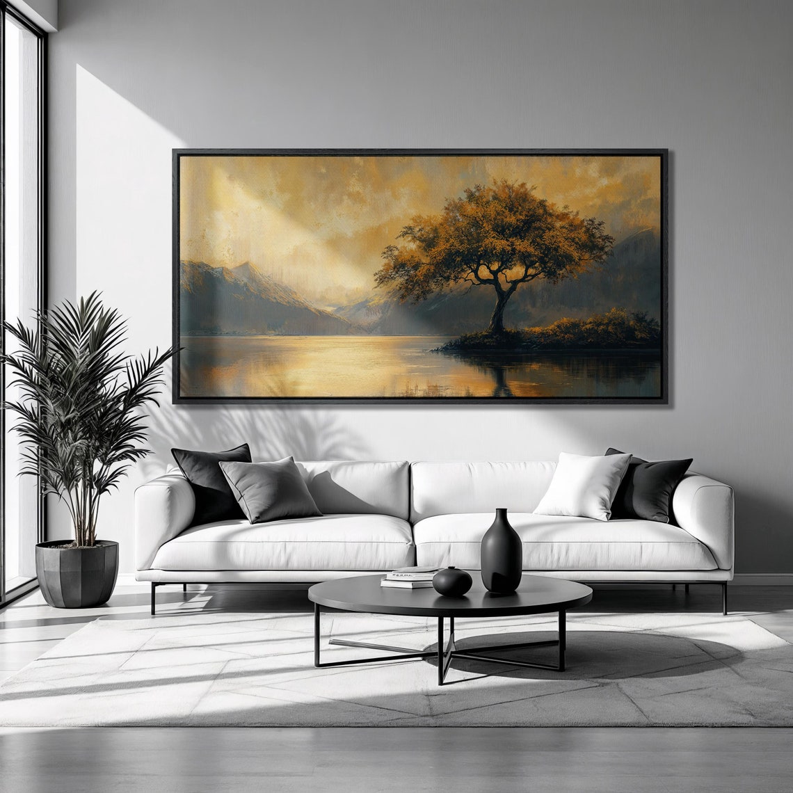 Golden Tree By The Lake At Sunset Mountain Reflection Landscape Poster