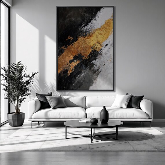 Contrast Colors Framed Print Fluid Art Style Luxury Art Black White Gold Painting Print Minimalist Decor Gift Ready To Hang