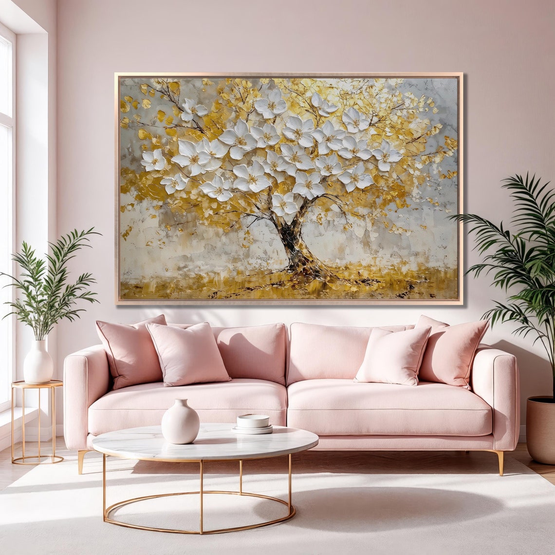 White Blossom Tree Gold Leaves Textured Floral Luxury Wall Poster