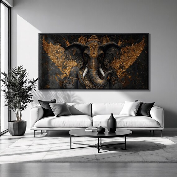 Ganesha Winged Elephant Deity Black Gold Ornate Mythology Wall Art