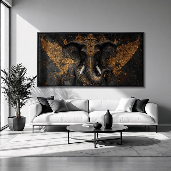 Lord Ganesha Framed Print Elephant Indian Deity Luxury Art Mythology Animal With Wings Painting Print Zen Decor Ready To Hang