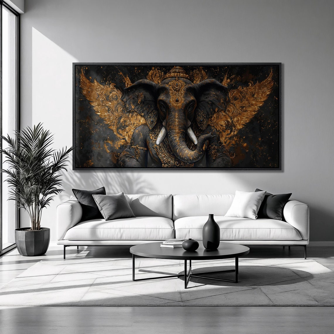 Ganesha Winged Elephant Deity Black Gold Ornate Mythology Wall Art