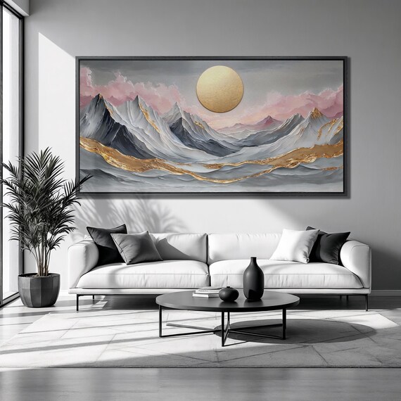 Snowy Mountains With Gold Accent Framed Print Pink Clouds Luxury Art Golden Sun Painting Print Abstract Decor Ready To Hang