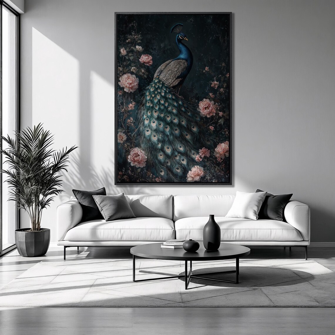 Peacock Bird Pink Roses Dark Blue Floral Elegant Luxury Art Poster