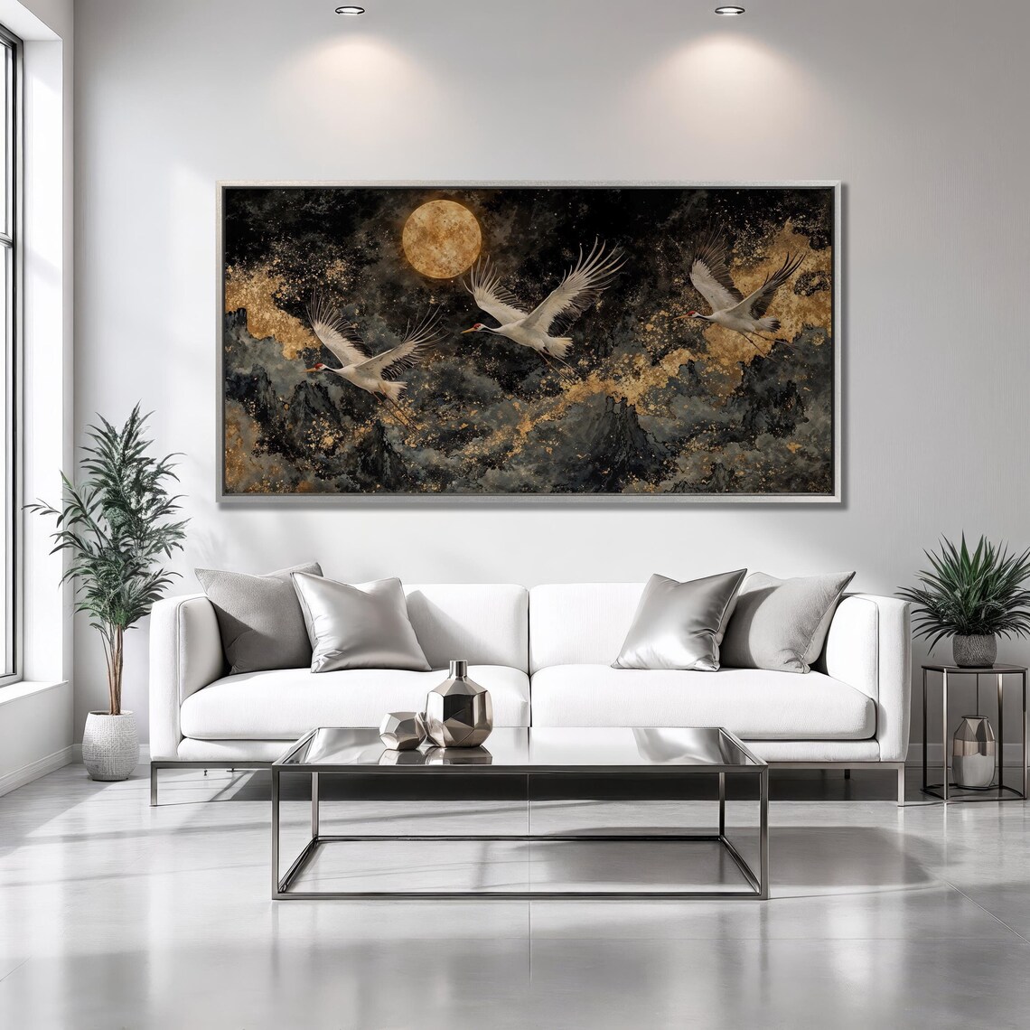 Flying Cranes Golden Full Moon Night Black Gold Sky Birds Poster