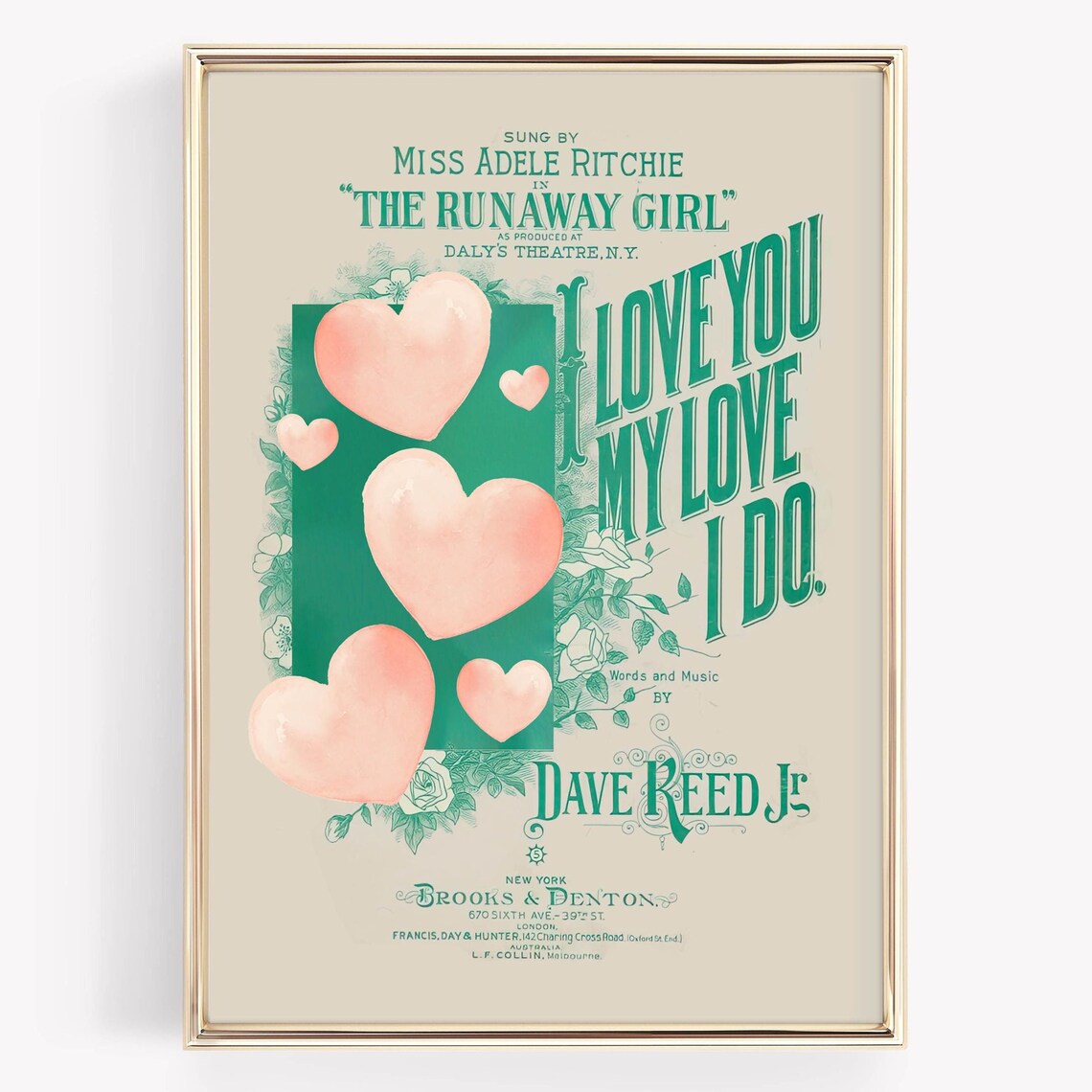 Vintage I Love You My Love I Do Valentine Sheet Music Poster