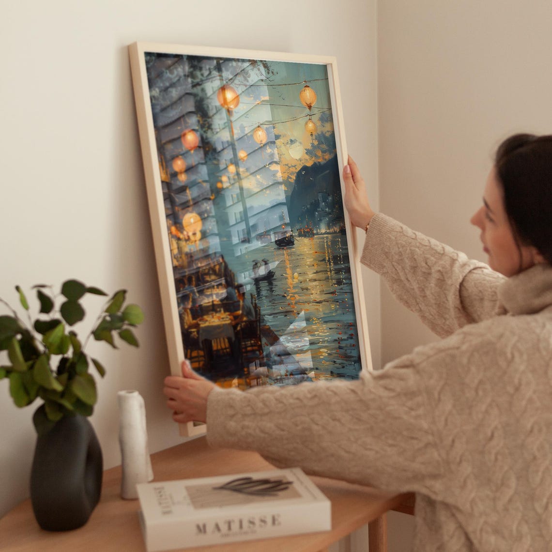 Night Market Lantern Art Print, Vintage Moonlit River - Image 3