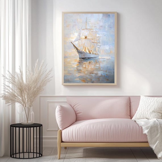 Muted Sailboat Print Vintage Nautical Painting Oil Painting Sign Neutral Seascape Print Wall Art Gift Idea