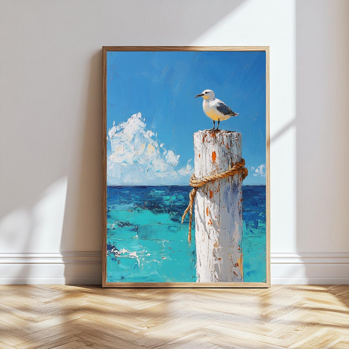Seagull On A Pole Art Print Bright Blue Sky Wall Art Nautical Home Decor Coastal Scenario Poster Large Blue Wall Art Minimalist Art - Image 3