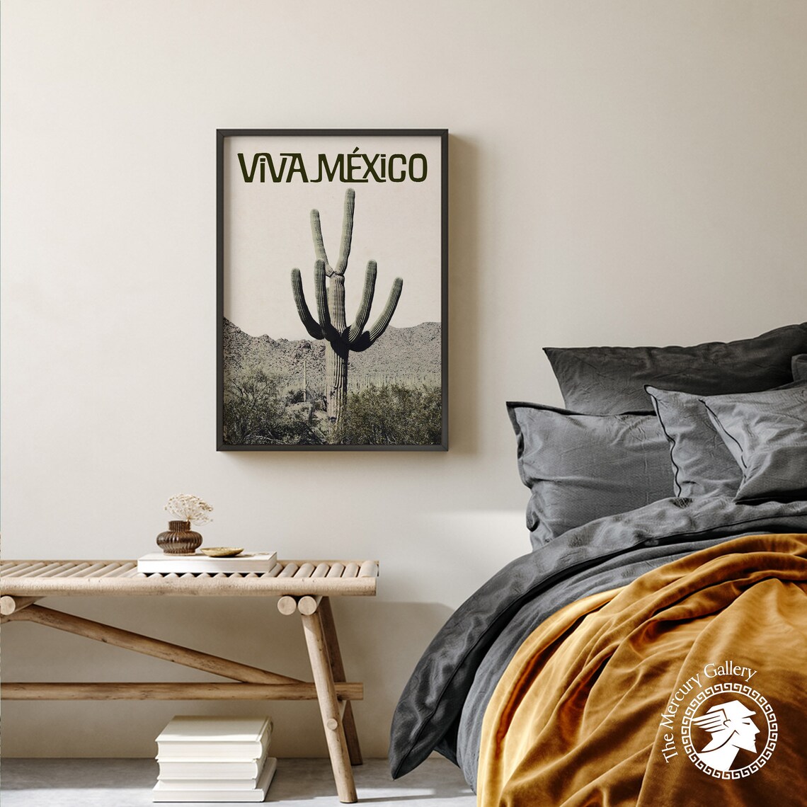 Viva Mexico Saguaro Desert Monochrome Photo Retro Travel Poster Print - Image 3