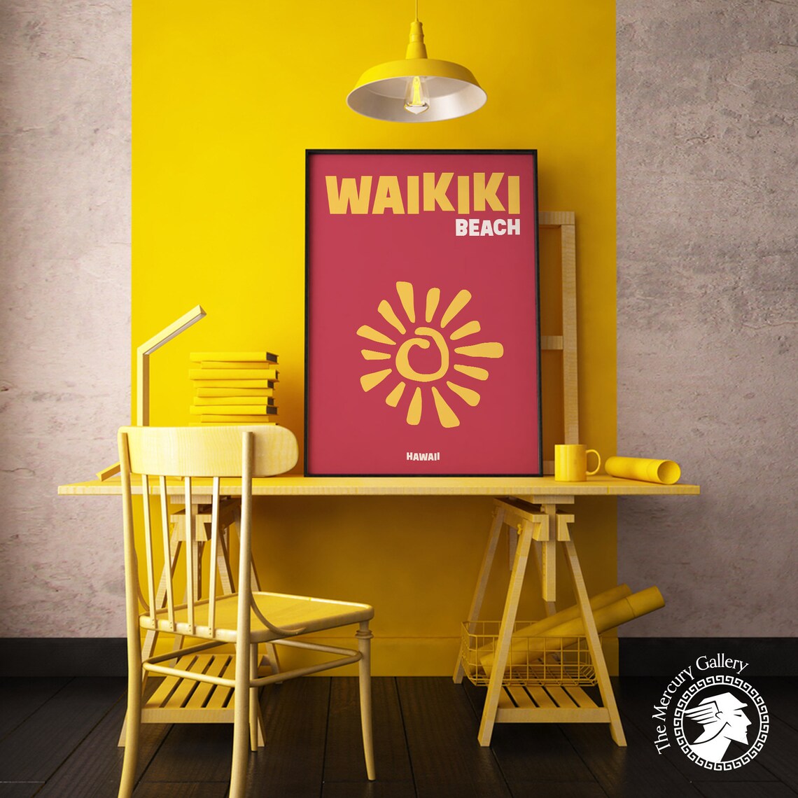 Waikiki Beach Hawaii Yellow Sun Retro Red Modern Travel Poster Print - Image 2