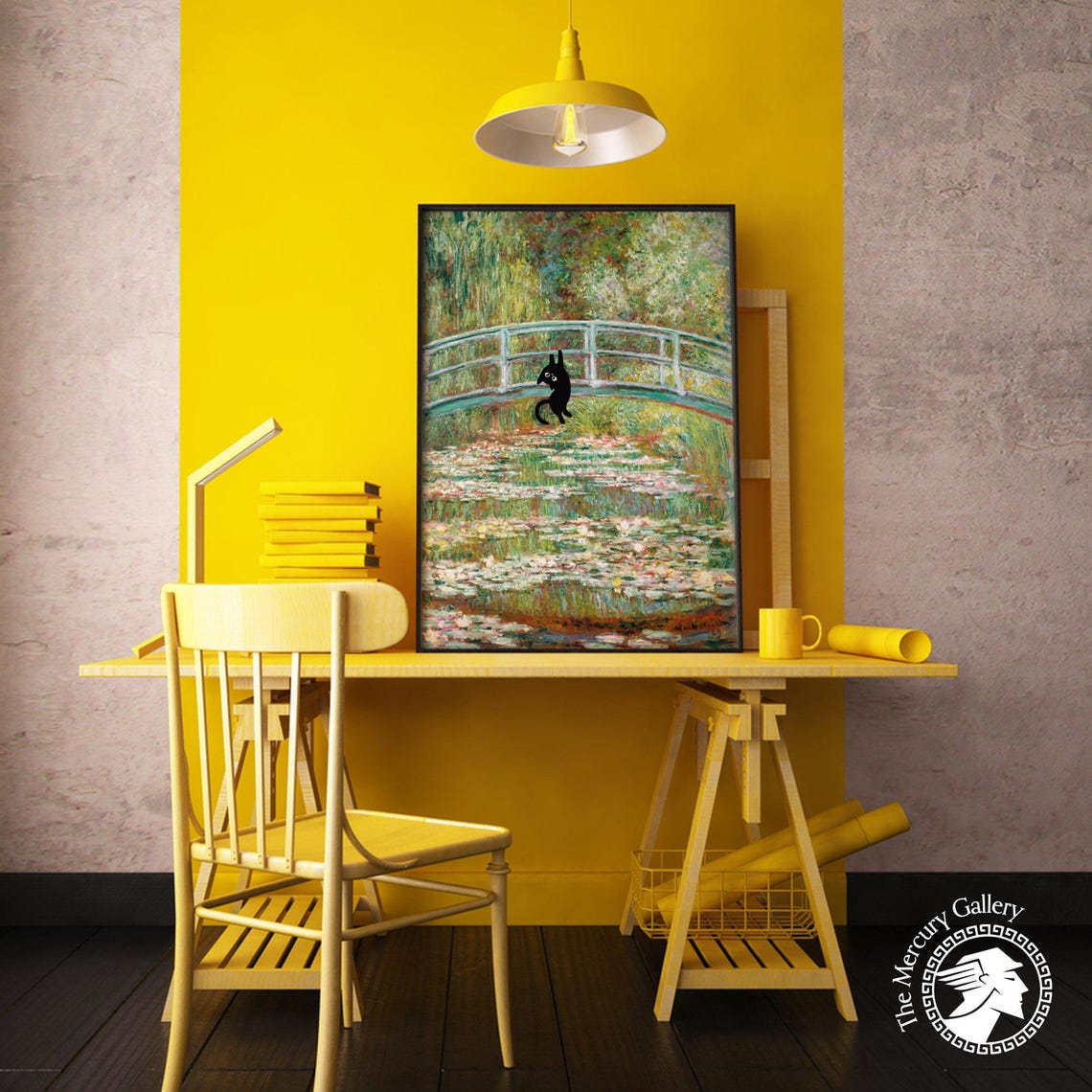 Black Cat Hanging On Monet Water Lily Bridge Funny Cat Lovers Poster - Image 3