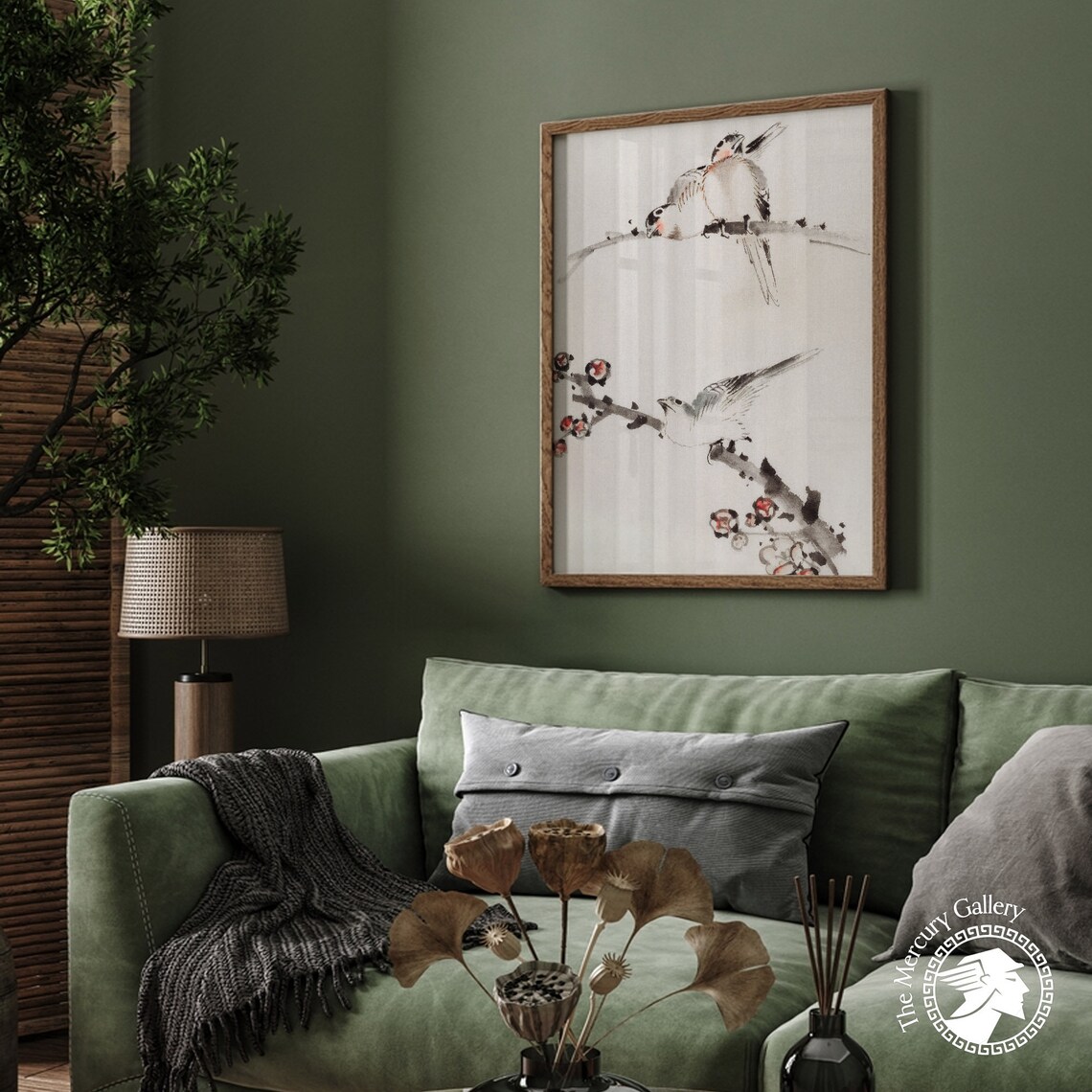 Japanese Ink Birds Perched On Blossoming Branch Delicate Watercolor Print - Image 3